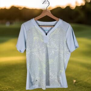 Adidas Women's Large Light Blue & Geometric Mesh S/S V-Neck Golf Shirt Climacool